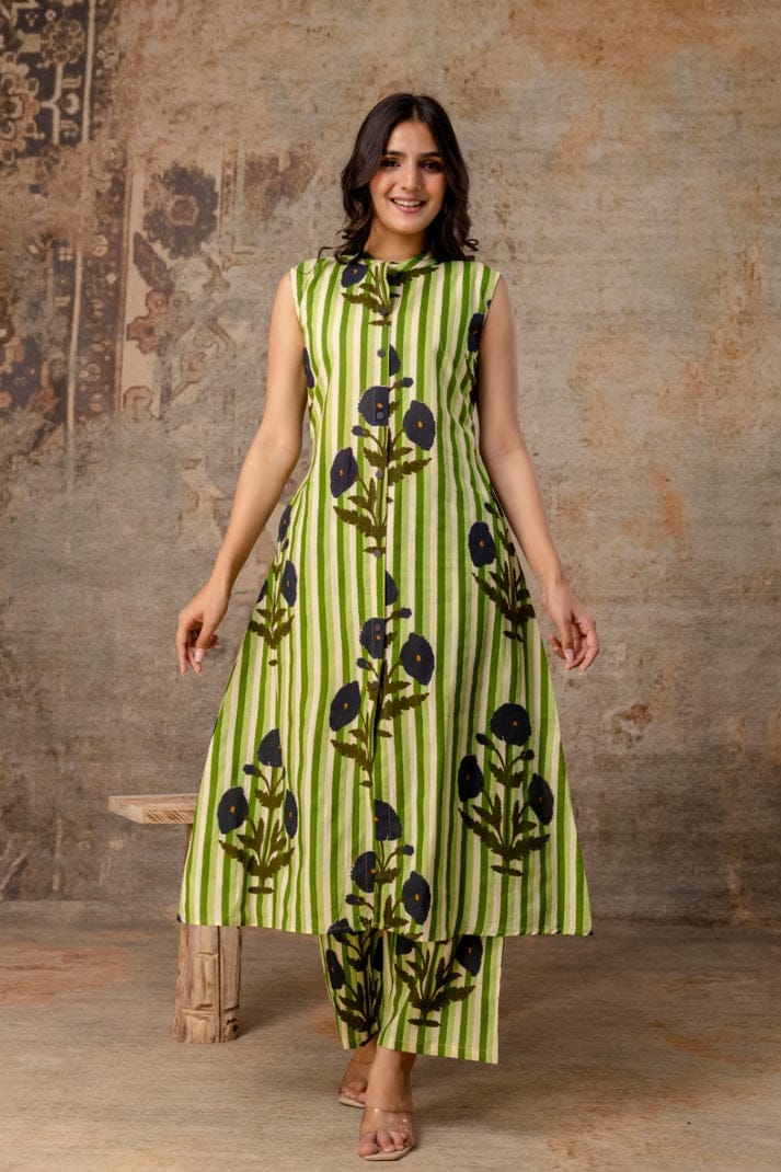striped floral sleeveless cotton kurta set