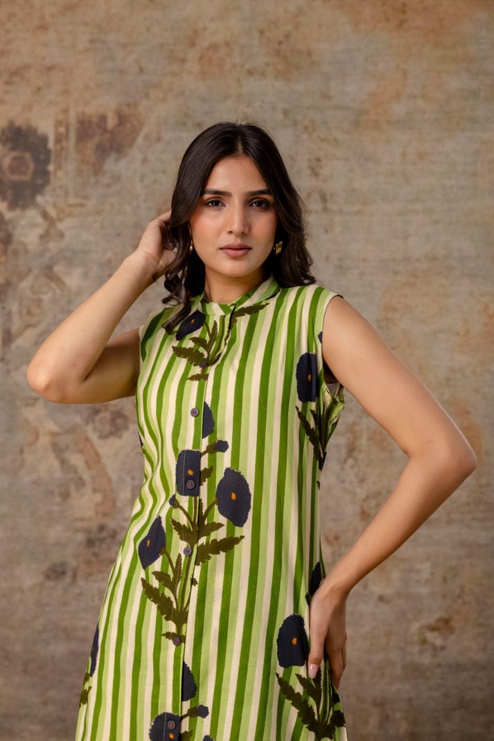 striped floral sleeveless cotton kurta set