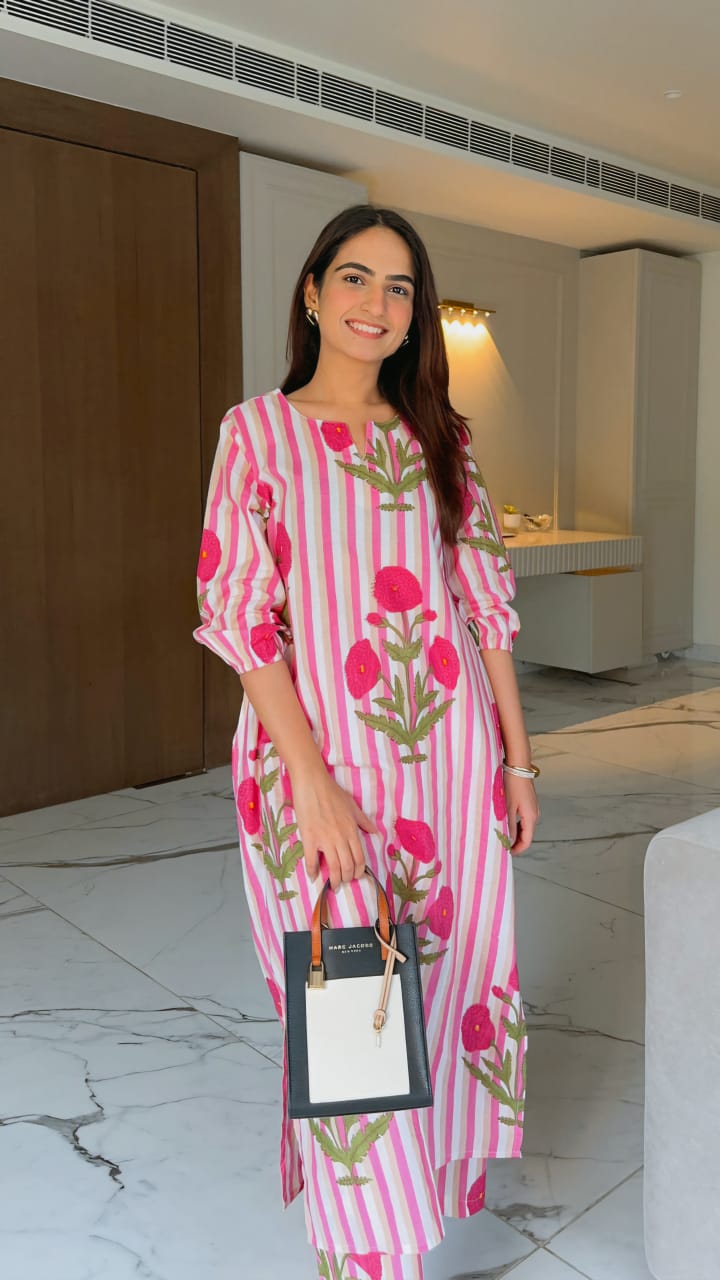 Pink & White Striped Floral Hand Block Printed Kurta with Puff Sleeves.