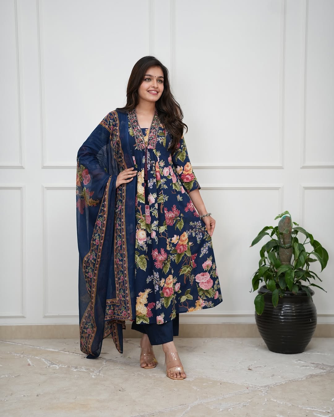 Navy blue floral printed cotton flared kurta set with dupatta