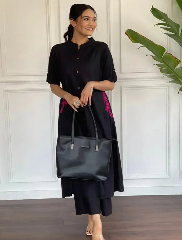 Black Button-down kurta set with embroidered details