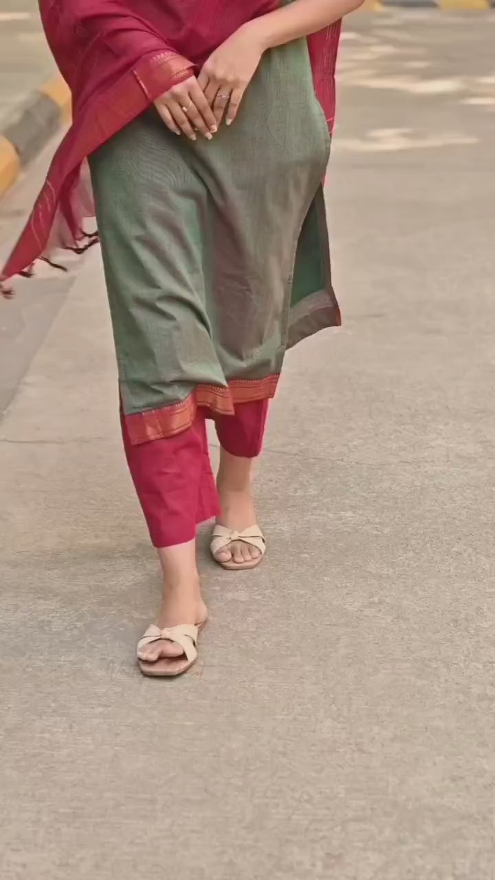 Grey & Maroon Kanchi Cotton Kurta Set with Zari Panel Detailing