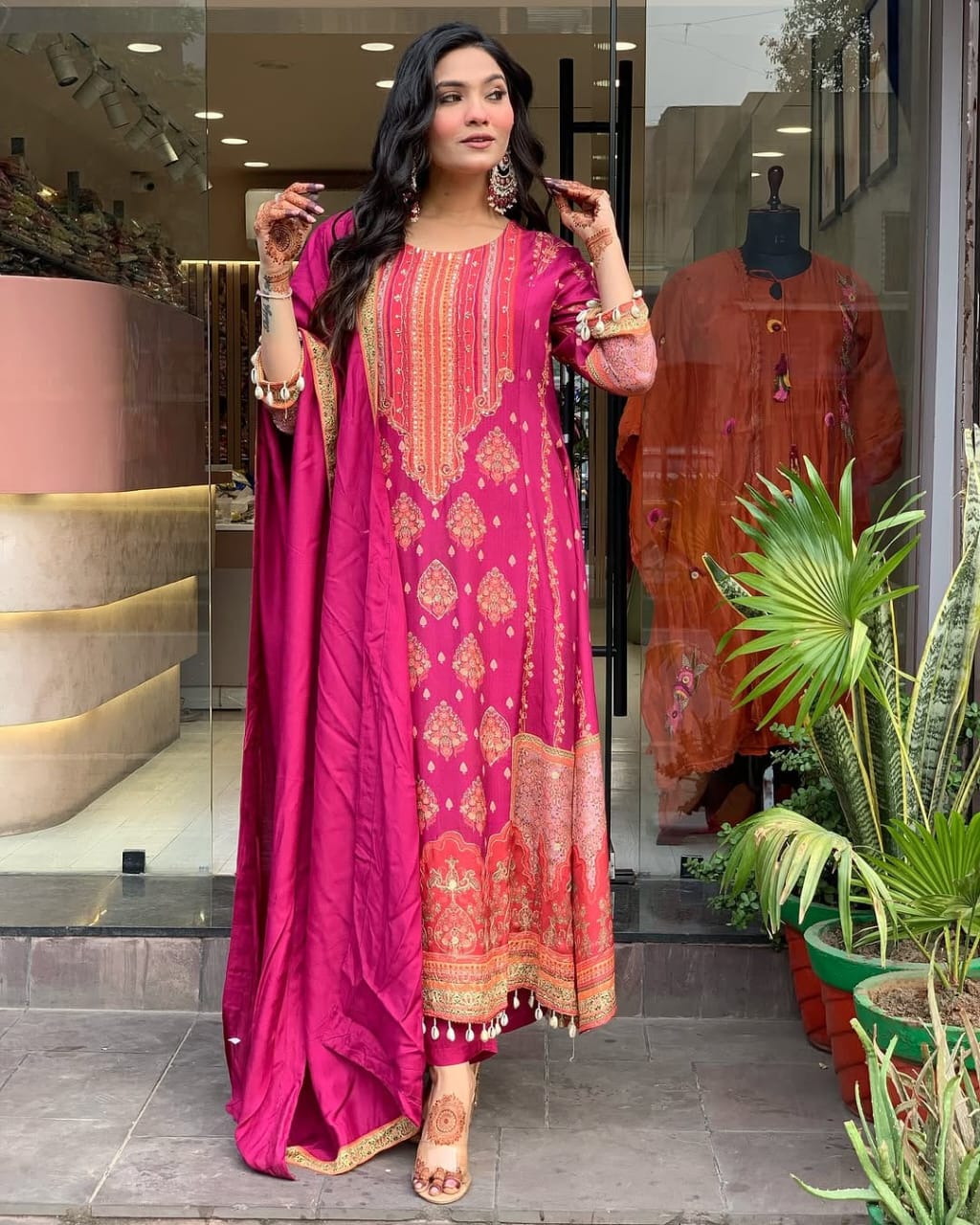 Royal Magenta Printed Anarkali Set with Schiffli Work  & Tassel Detailing