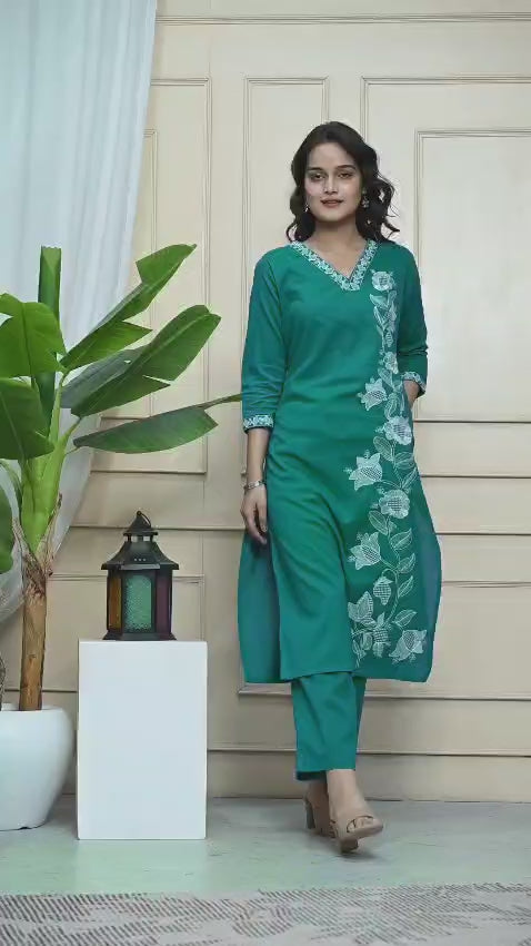 Green Cotton Co-Ord Set with Floral Detailing Embroidered