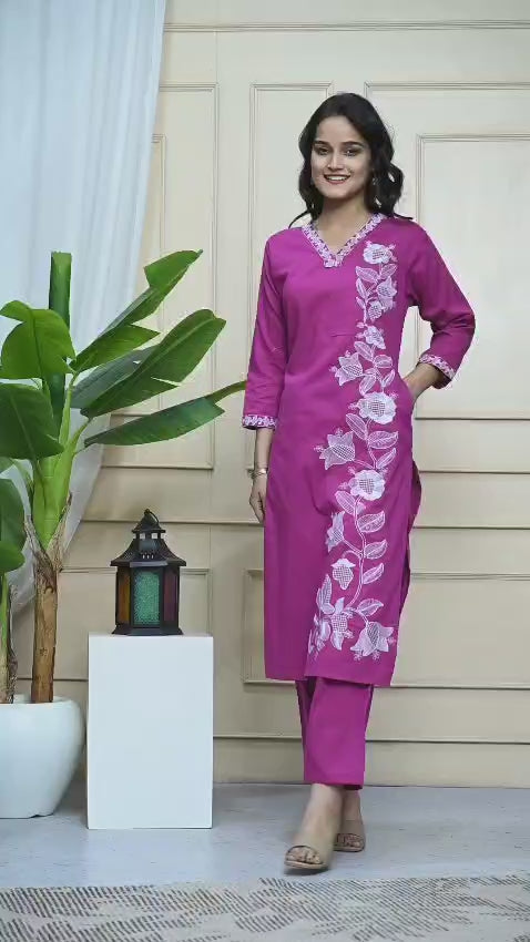 Plum Pink Cotton Co-Ord Set with Floral Detailing Embroidered