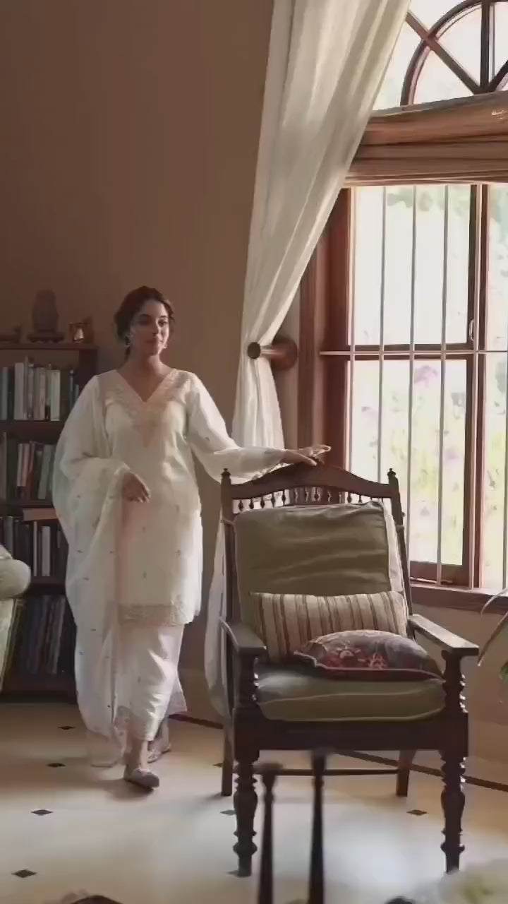 White Chanderi Kurta Set with Pink Embroidery Detailing