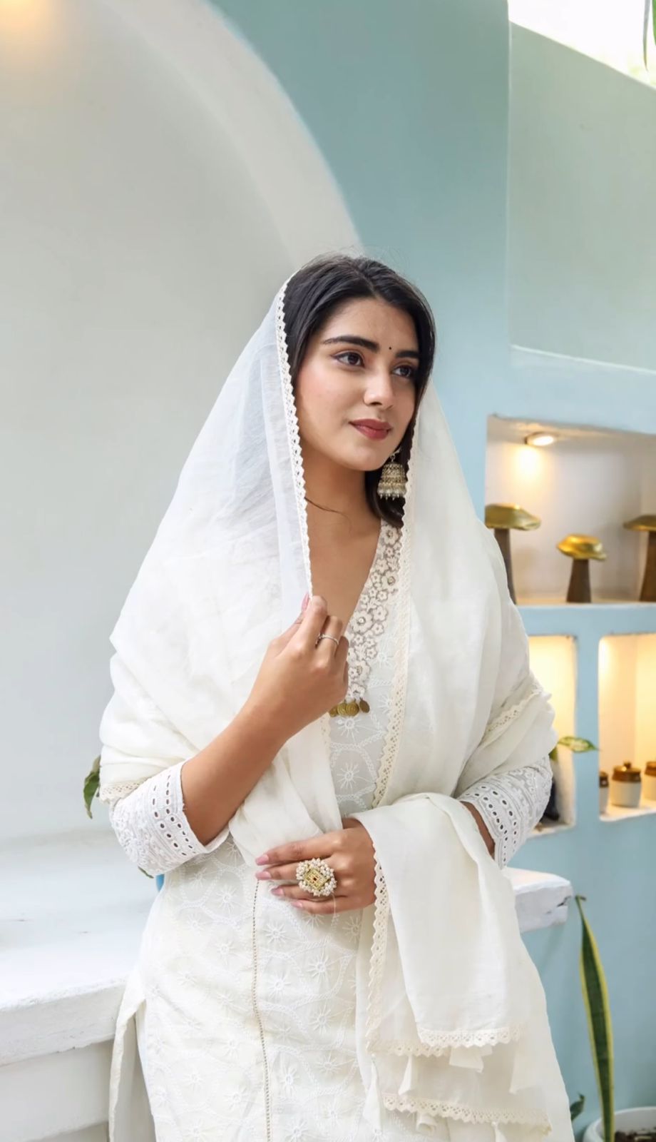 Off-White Chikankari Cotton Kurti with Trendy Pants and Chanderi Dupatta Set