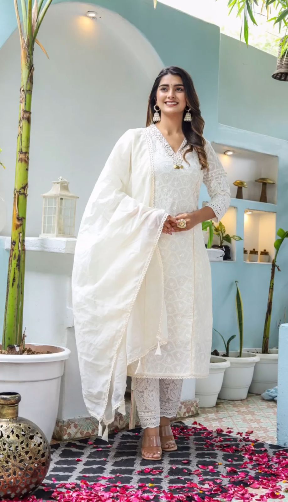 Off-White Chikankari Cotton Kurti with Trendy Pants and Chanderi Dupatta Set